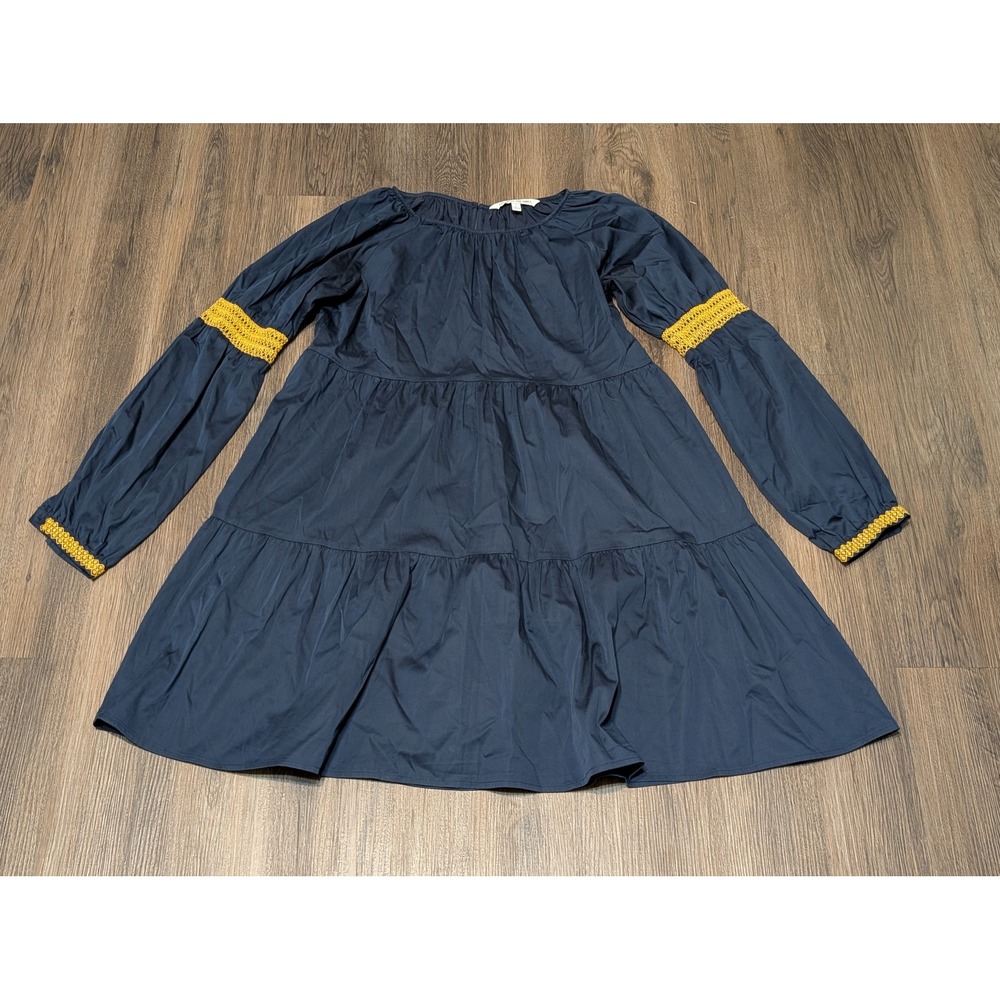 Elizabeth and James Blue Tiered Mini‎ Dress Long Sleeve Crochet Trim Size S
